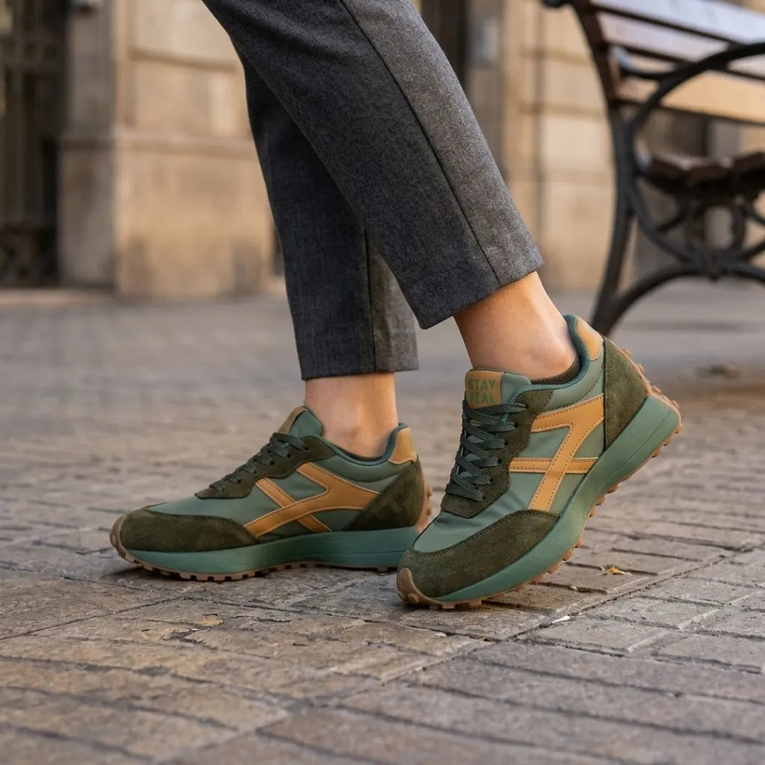Green and tan trainers worn with grey cropped trousers on a cobbled street 12