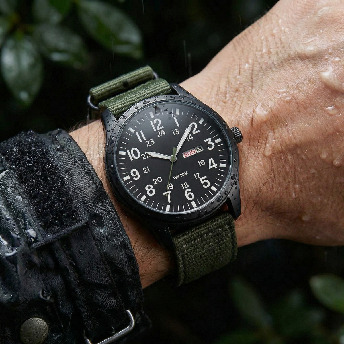 Watch worn on a wrist covered in raindrops, showing the black dial, day-date window and green woven strap in wet conditions. 3