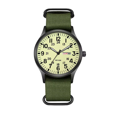 Front view of the version with a pale cream-green dial, black numerals, day-date window and olive green woven strap. 5