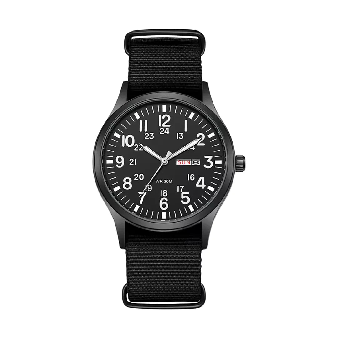 Front view of the all-black version with white numerals, day-date window and black woven strap with black rings. 7