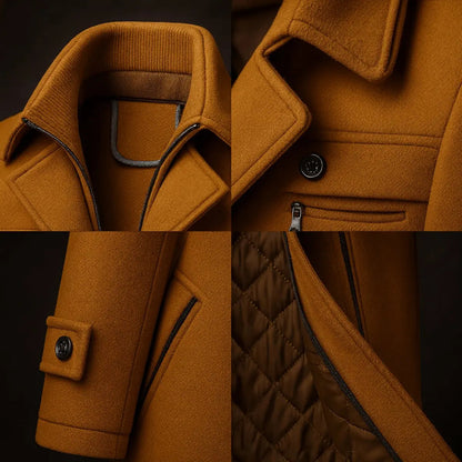 Four close-up details of the tan coat: collar, flap pocket, buttoned cuff tab and quilted lining 2