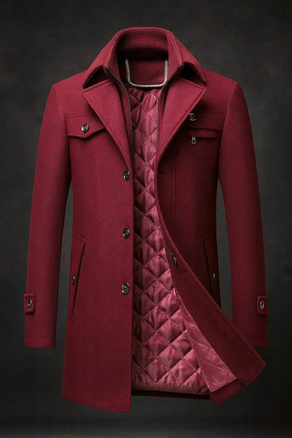 Burgundy version of the coat, partly open to show its pink quilted satin lining 3