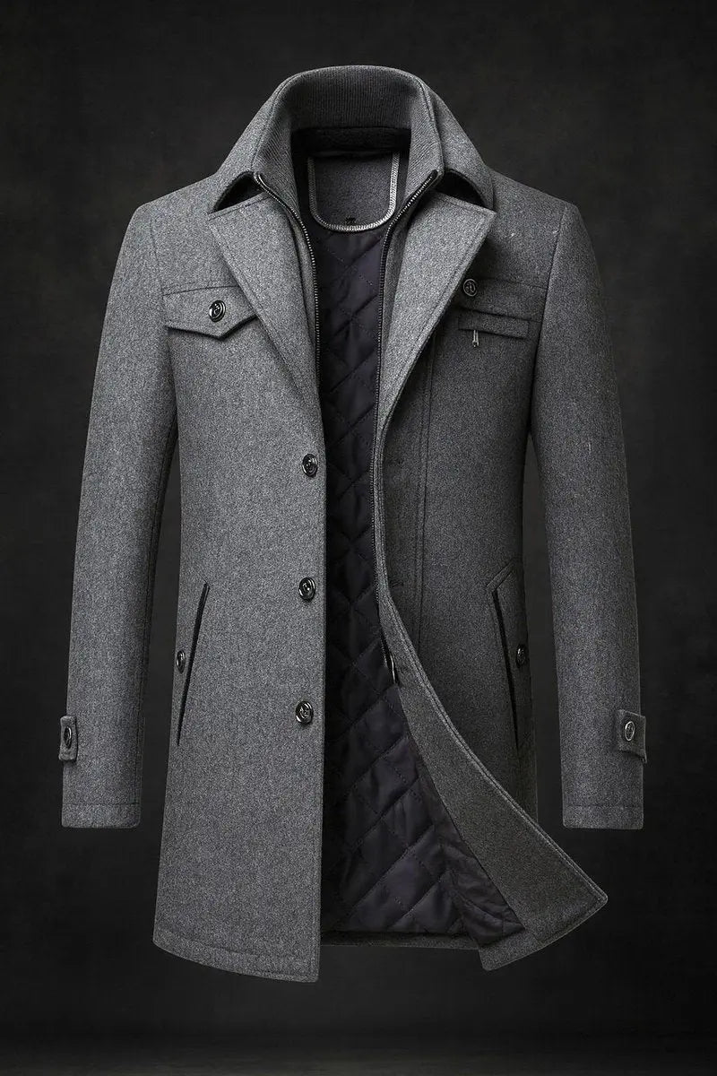 Grey version of the coat, partly open to show its dark quilted lining and inner collar 4