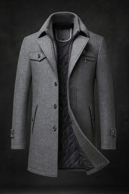 Grey version of the coat, partly open to show its dark quilted lining and inner collar 4
