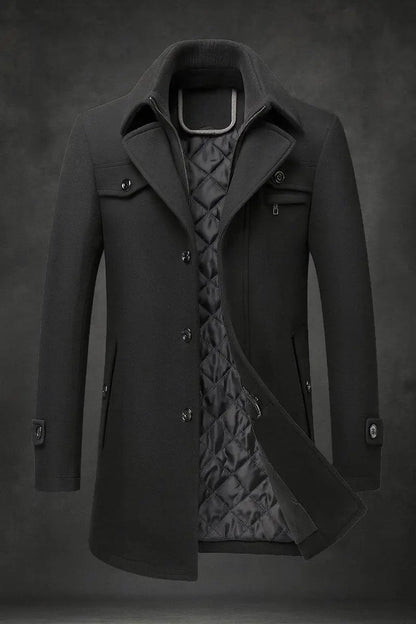 Black version of the coat, partly open to show its quilted lining and double collar 5