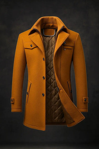 Mustard-tan overcoat shown unbuttoned, revealing the quilted lining and zip-in inner collar layer 1