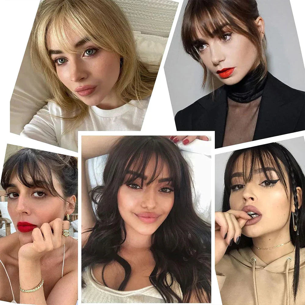 Collage of five women wearing wispy fringes in blonde, brown and black shades 2