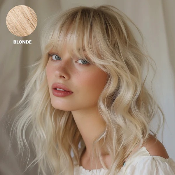 Model with soft wavy pale blonde hair and a full fringe, with colour swatch 3