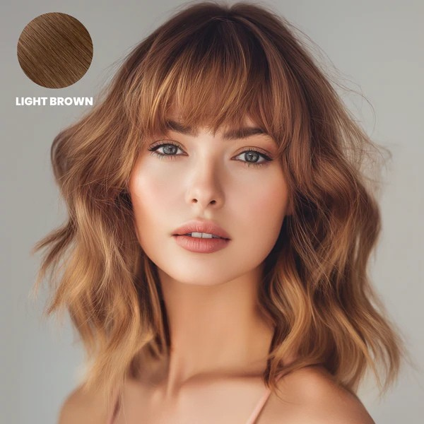 Model with shoulder-length wavy light brown hair and a full fringe, with colour swatch 4