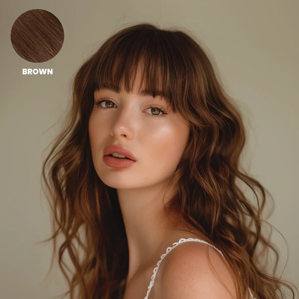 Model with long wavy brown hair and a full fringe, with a colour swatch 5