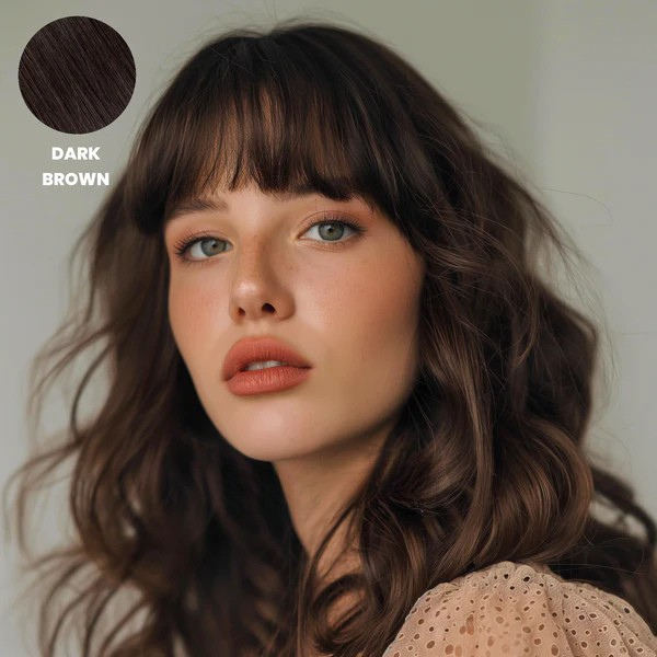 Model with wavy dark brown hair and a full fringe, with a colour swatch 6