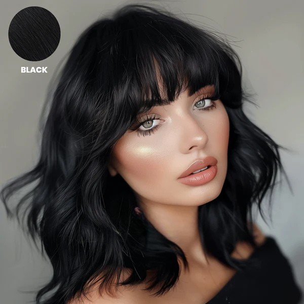 Model with glossy black wavy hair and a full fringe, with a colour swatch 7