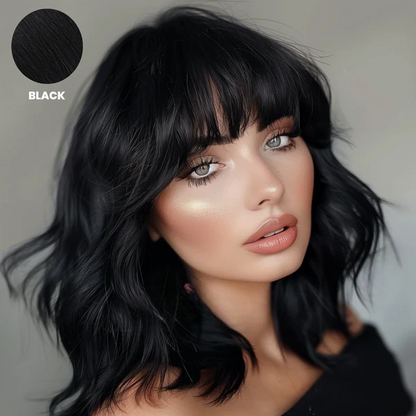 Model with glossy black wavy hair and a full fringe, with a colour swatch 7
