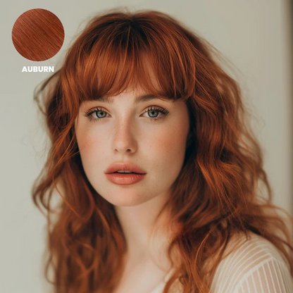 Model with long wavy auburn hair and a full fringe, with a colour swatch 8