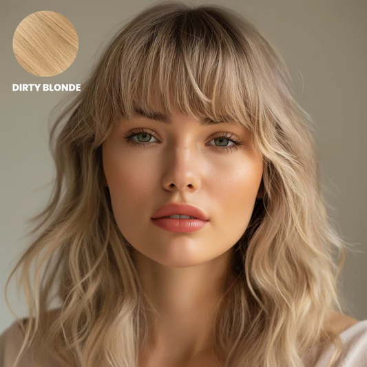 Model with wavy dirty blonde hair and full wispy fringe, with a small colour swatch 1