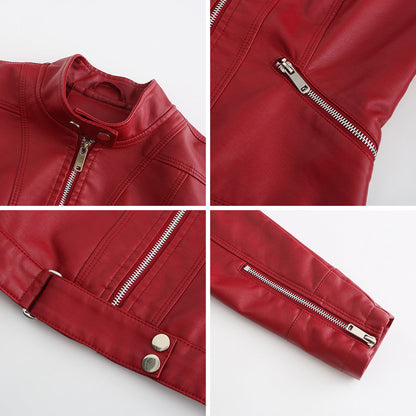 Four close-up details of the red jacket: studded collar and zip, slanted pocket zip, hem buckle strap and zipped sleeve cuff. 8