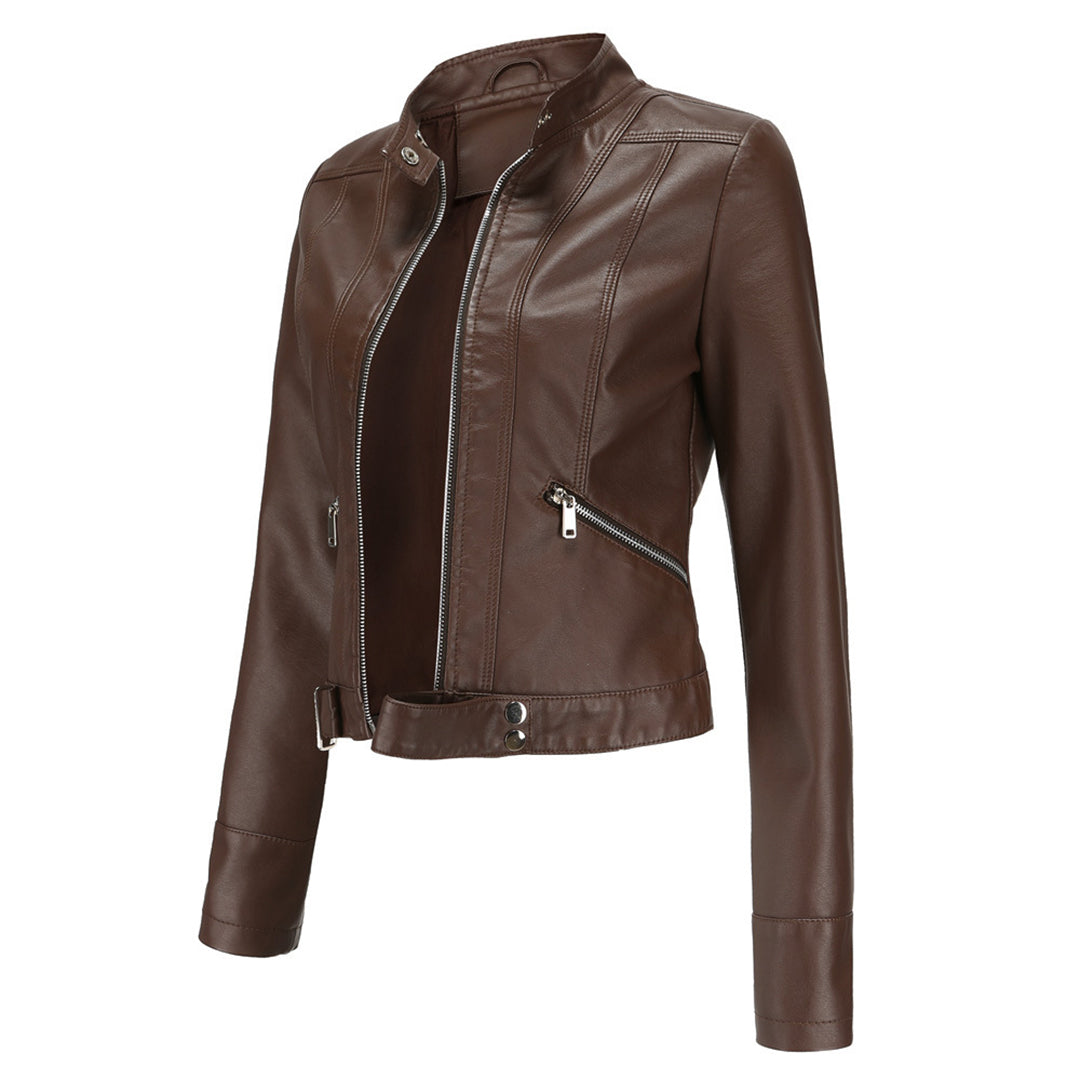 Three-quarter side view of the dark brown jacket, unzipped, showing diagonal zip pocket, stitched panels and snap hem tab. 11