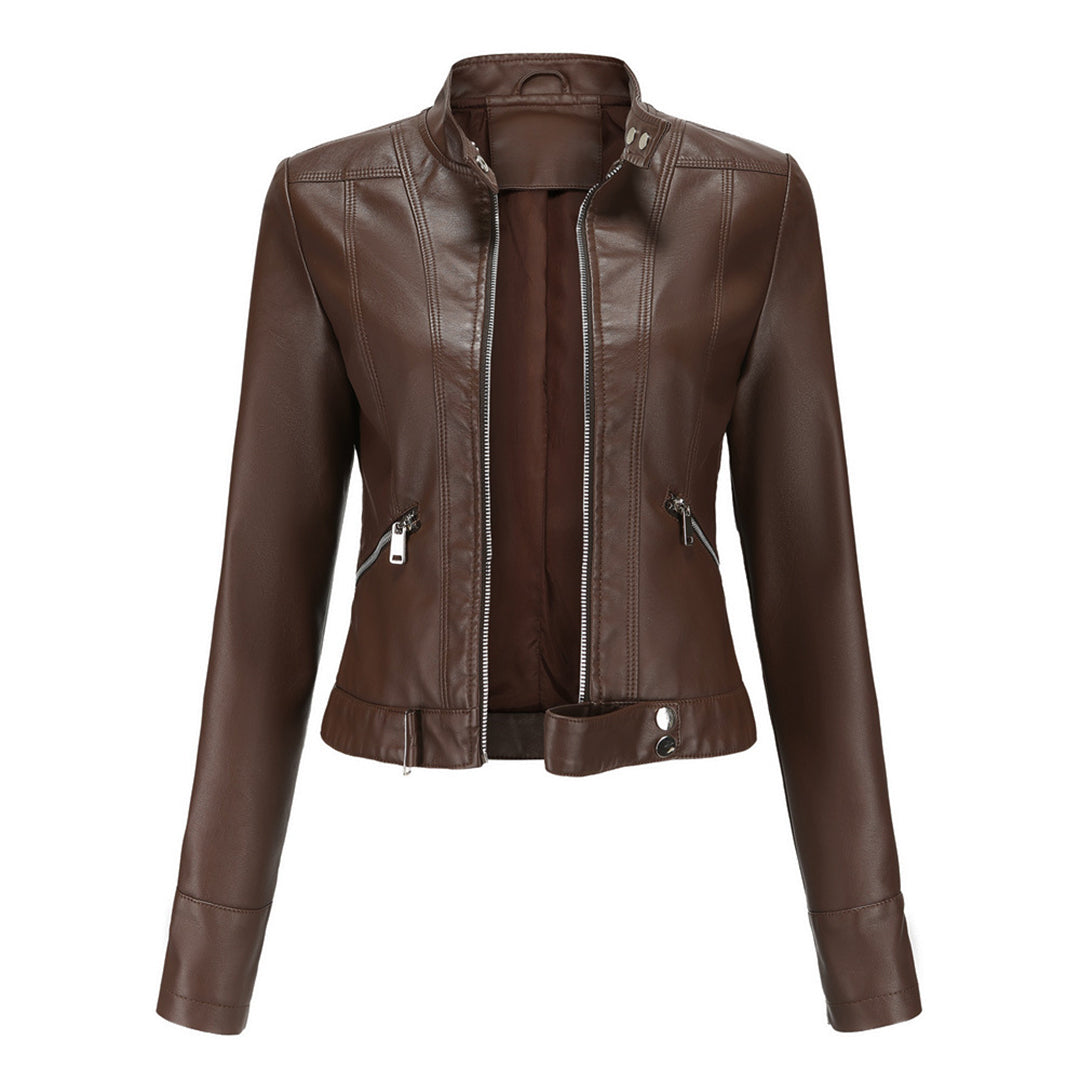 Front view of the jacket in dark brown, unzipped, showing stitched panels, zip pockets and a studded hem tab. 4