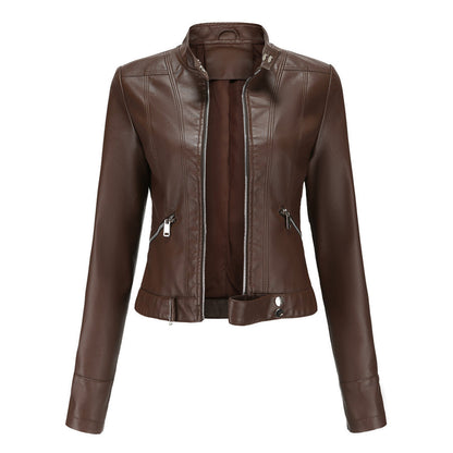 Front view of the jacket in dark brown, unzipped, showing stitched panels, zip pockets and a studded hem tab. 4