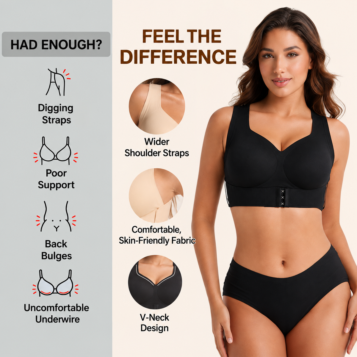 Model in a black V-neck bra with front hook-and-eye band, with circular close-ups of the strap, fabric and neckline. 2