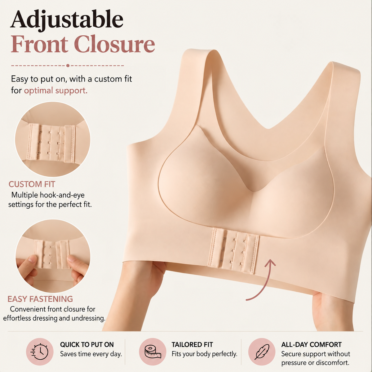 Beige bra held up by hands, showing the front hook-and-eye closure, with close-ups of the fastening being adjusted. 5