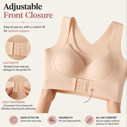 Beige bra held up by hands, showing the front hook-and-eye closure, with close-ups of the fastening being adjusted. 5