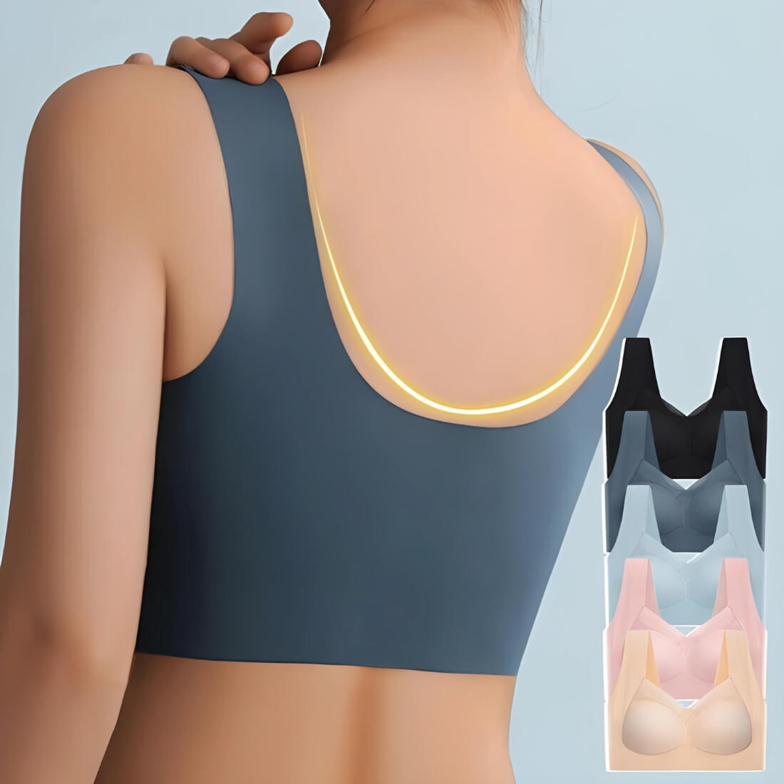 Back view of the slate-blue bra worn by a model, with a glowing curve along the low back, beside a stack of five colours. 7