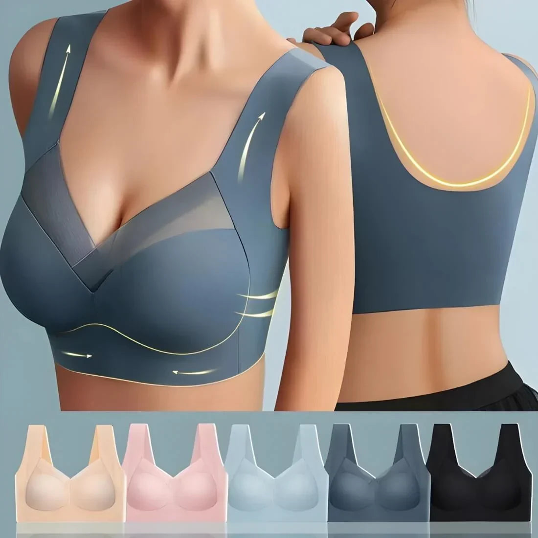 Collage of a slate-blue bra worn from front and back with highlight arrows, above five colour options laid flat. 1