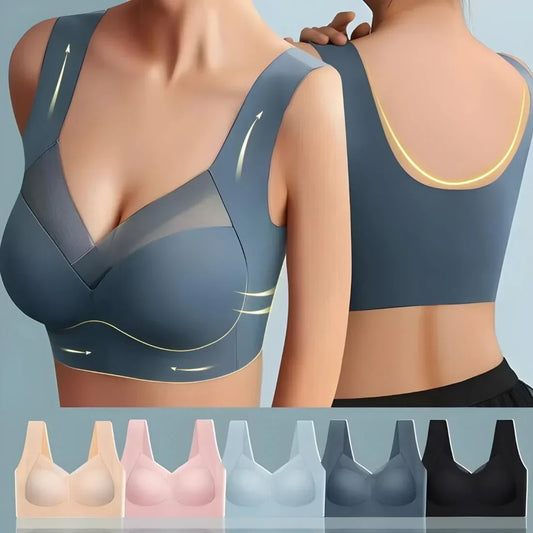 Collage of a slate-blue bra worn from front and back with highlight arrows, above five colour options laid flat. 1