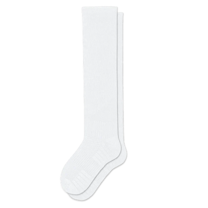 Pair of white knee-high ribbed socks laid flat on a white background, with a cushioned patterned foot section. 4