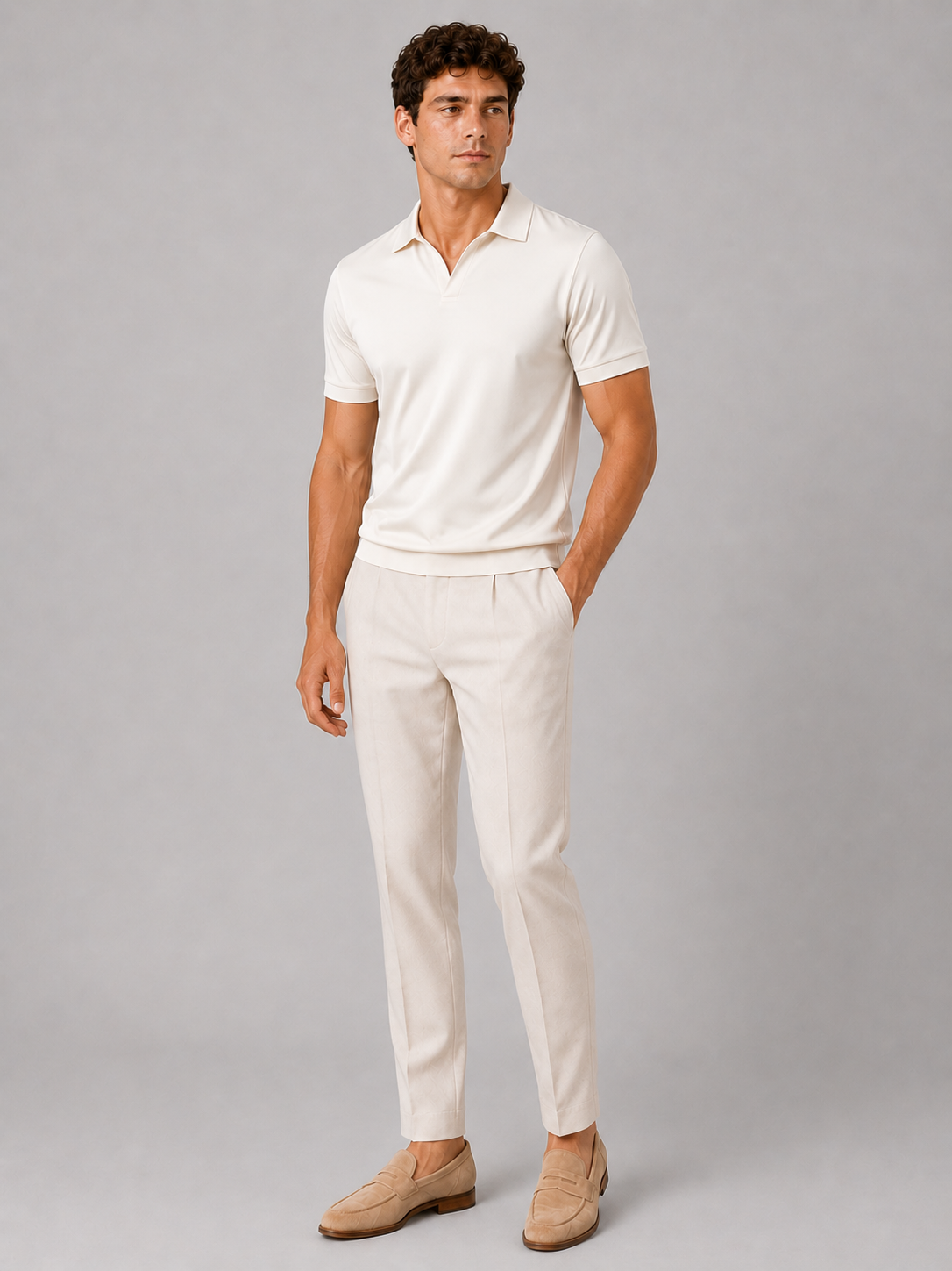 Full-length front view of the model in the cream polo with pale pleated trousers and tan suede loafers on a grey background. 23