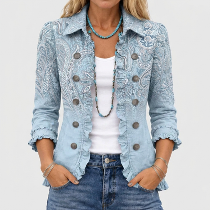 Close-up of the light blue paisley jacket worn open over a white vest and jeans 1