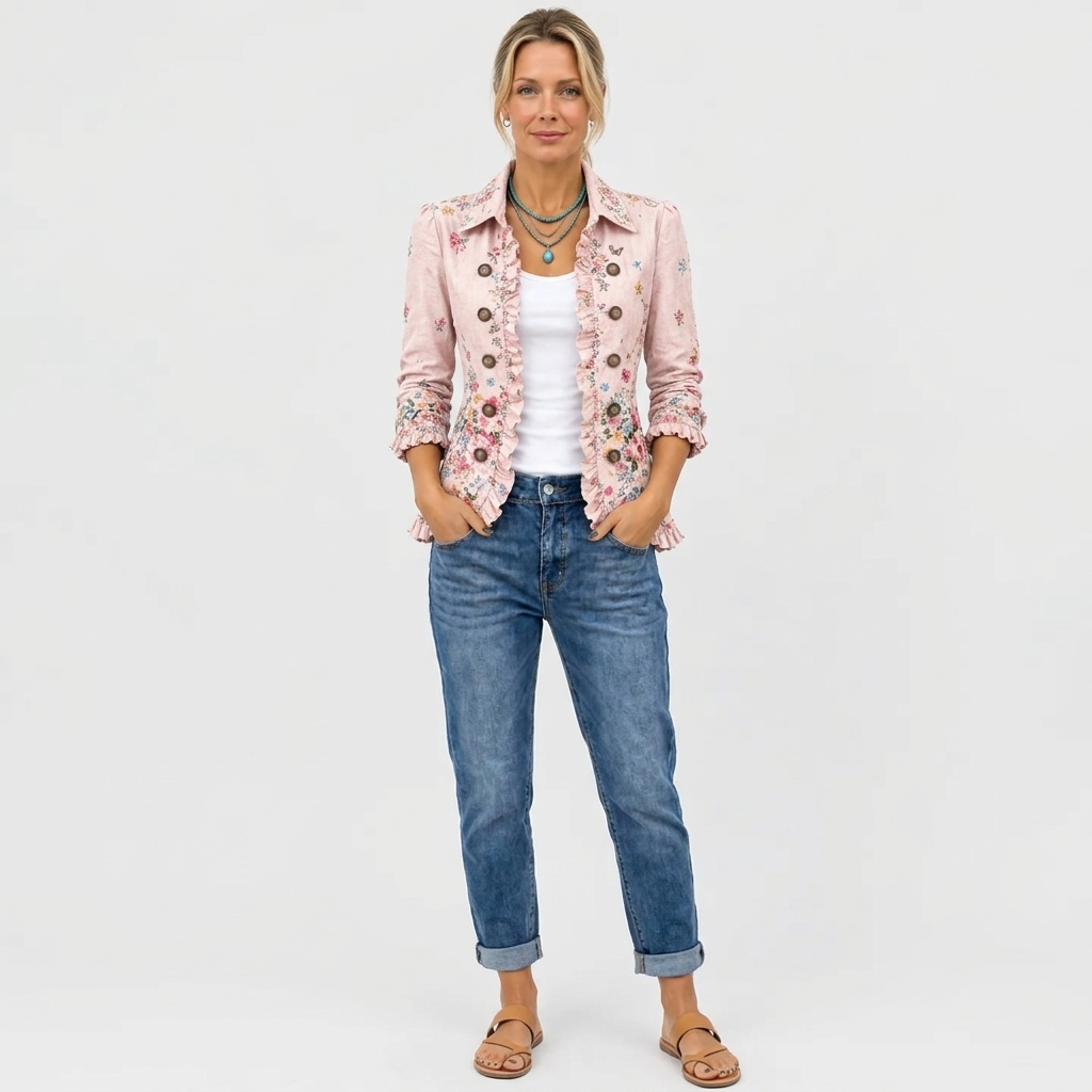 Full-length view of the jacket styled with a white top, rolled-up jeans and tan sandals 4