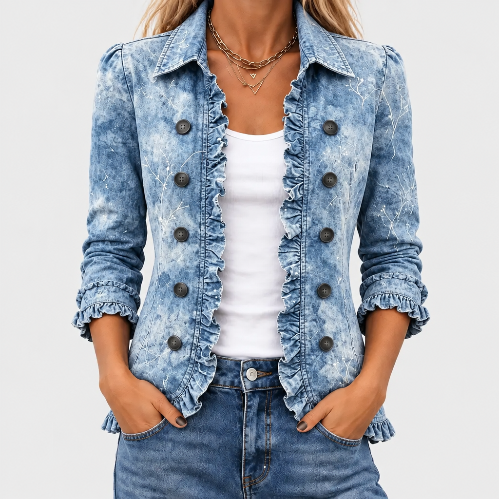 Close front view of the blue washed denim jacket with ruffled edges and double rows of buttons, worn open over a white top 1