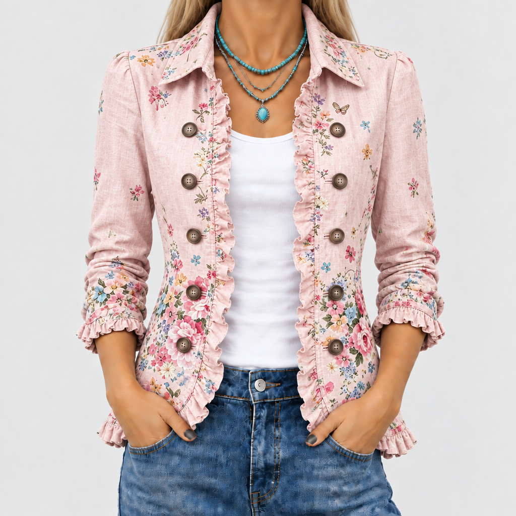 Close-up of the pink floral jacket's ruffled open front and brown buttons, worn over a white top 1