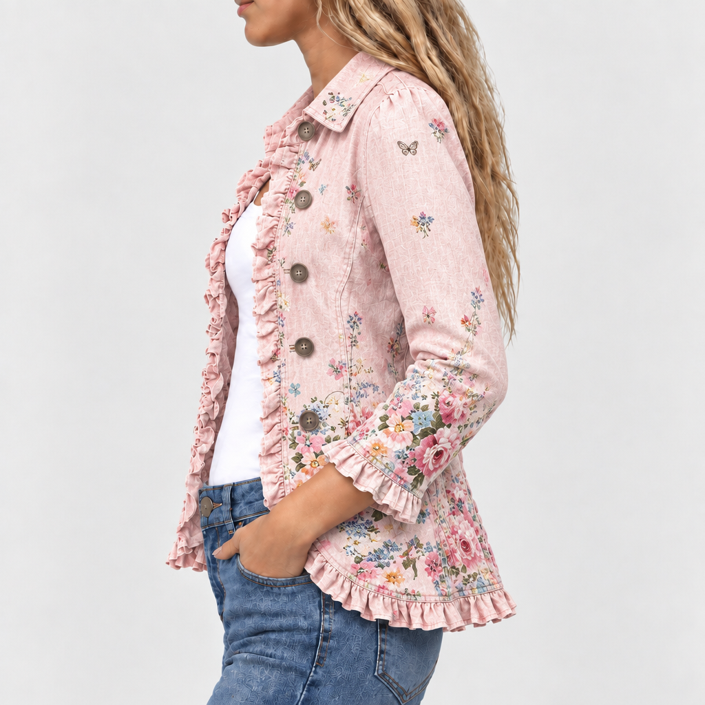 Side view of the pink floral jacket showing ruffled hem, ruffled cuff and buttons down the front 3