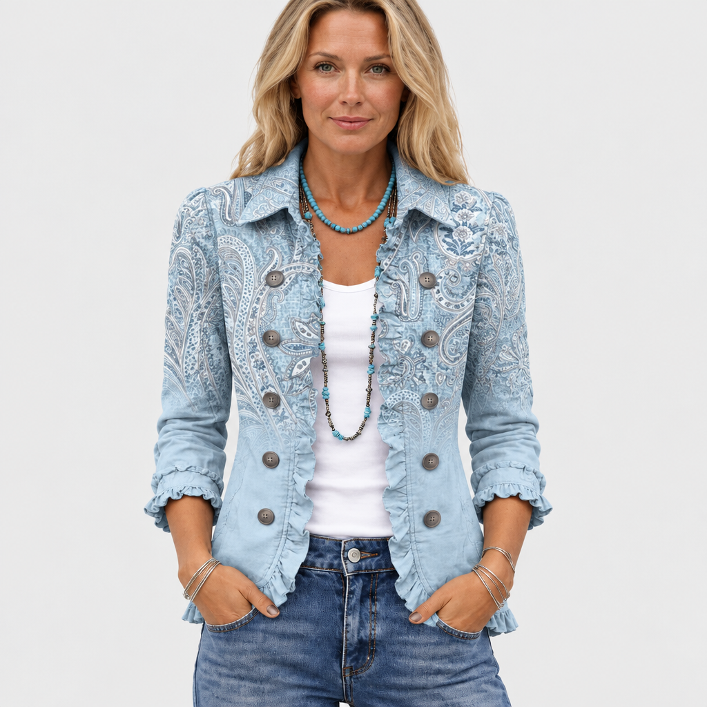 Model facing the camera in the paisley jacket, showing ruffled edges, buttons and collar 2