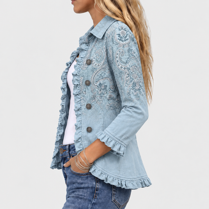 Side view of the jacket showing ruffled front edge, buttons, ruffled cuff and hem 4