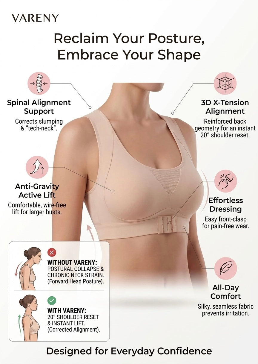 Infographic of the beige bra on a model, with callouts on posture support, lift and front clasp 5