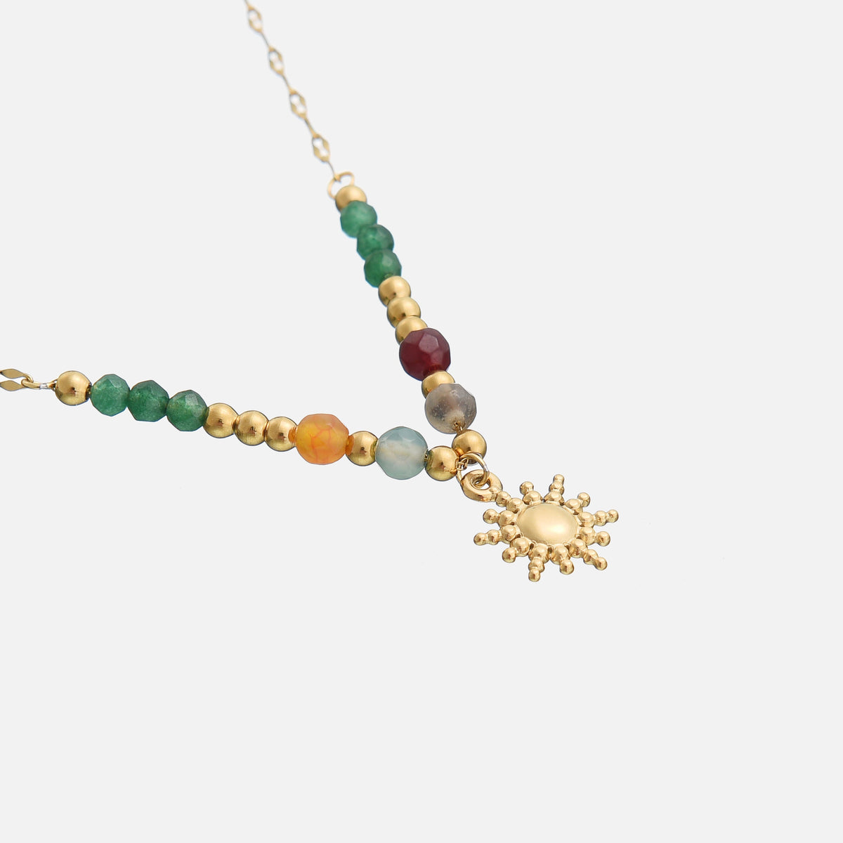 Angled close-up of the sun charm and beaded section, showing the chain hanging diagonally 2