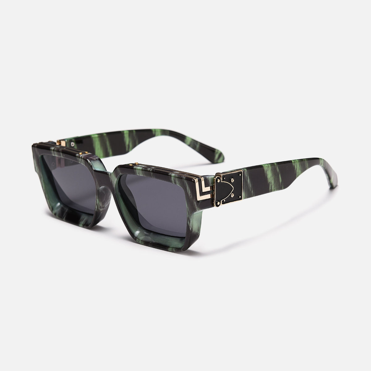 Square sunglasses with green and black marbled frames, grey lenses and gold-coloured hinge trim, three-quarter view. 14