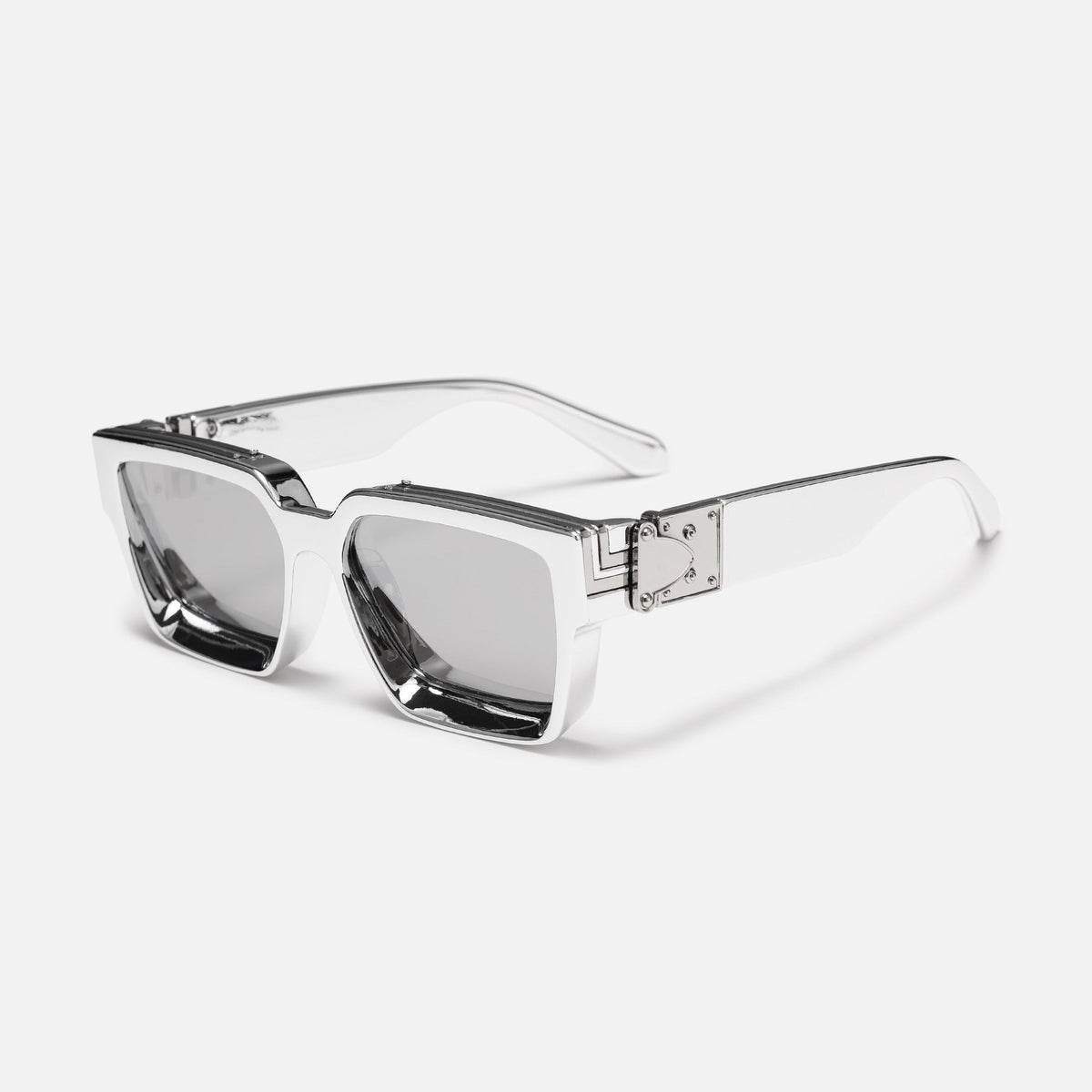 Chunky square sunglasses in a mirrored silver finish with silver-toned metal trim, three-quarter view. 11