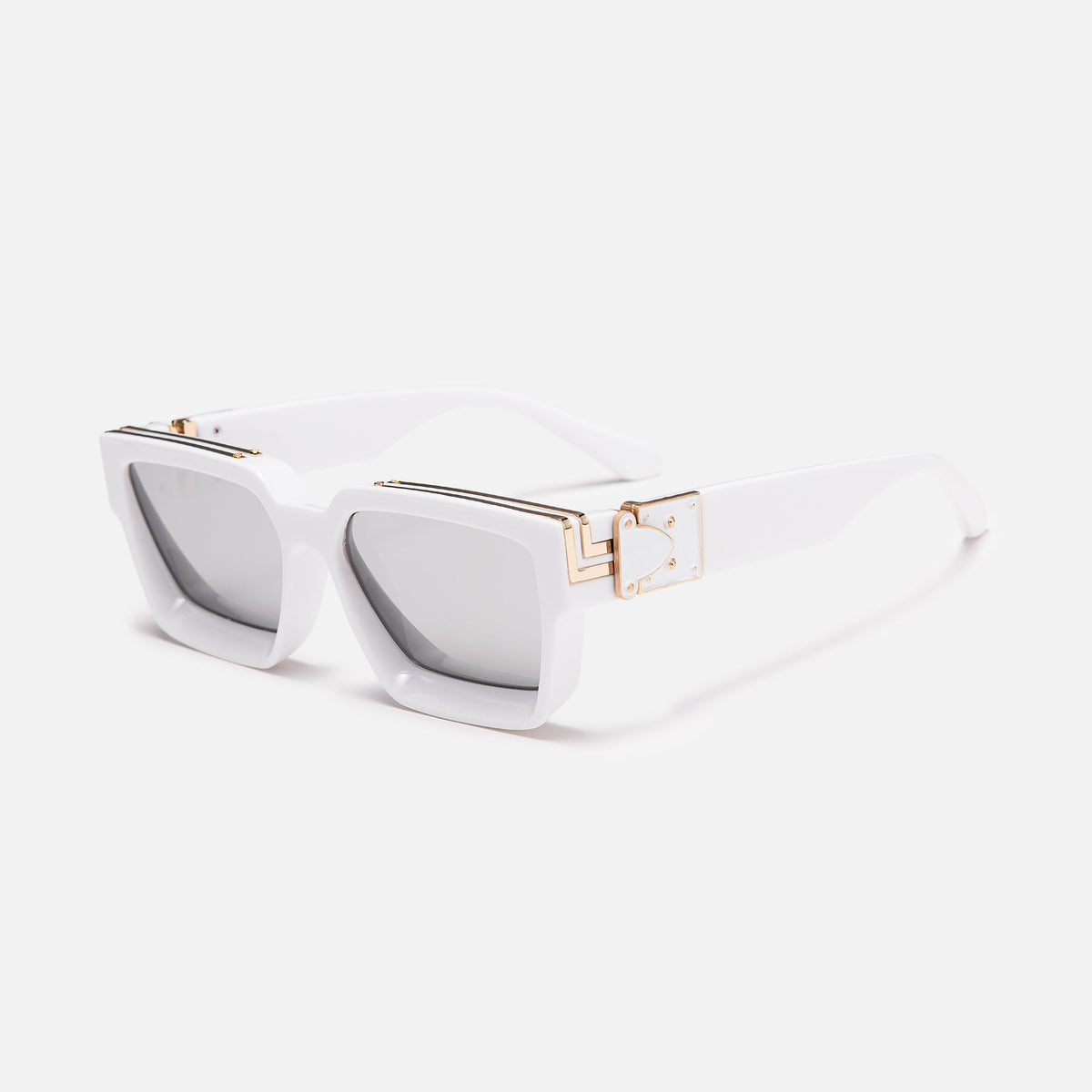 Thick white square sunglasses with silver mirrored lenses and gold-coloured trim on the brow and hinge, three-quarter view. 17