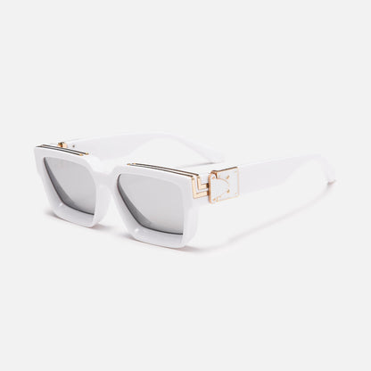 Thick white square sunglasses with silver mirrored lenses and gold-coloured trim on the brow and hinge, three-quarter view. 17
