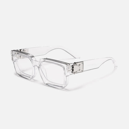 Clear transparent square frames with clear lenses and silver-toned metal trim, three-quarter view showing the hinge plate. 20