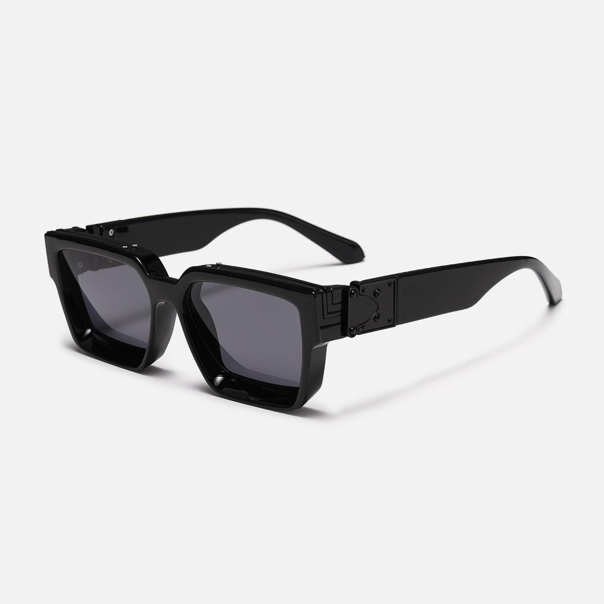 Chunky square glossy black sunglasses with dark grey lenses, angled three-quarter view showing the black metal hinge plate on the wide arm. 1