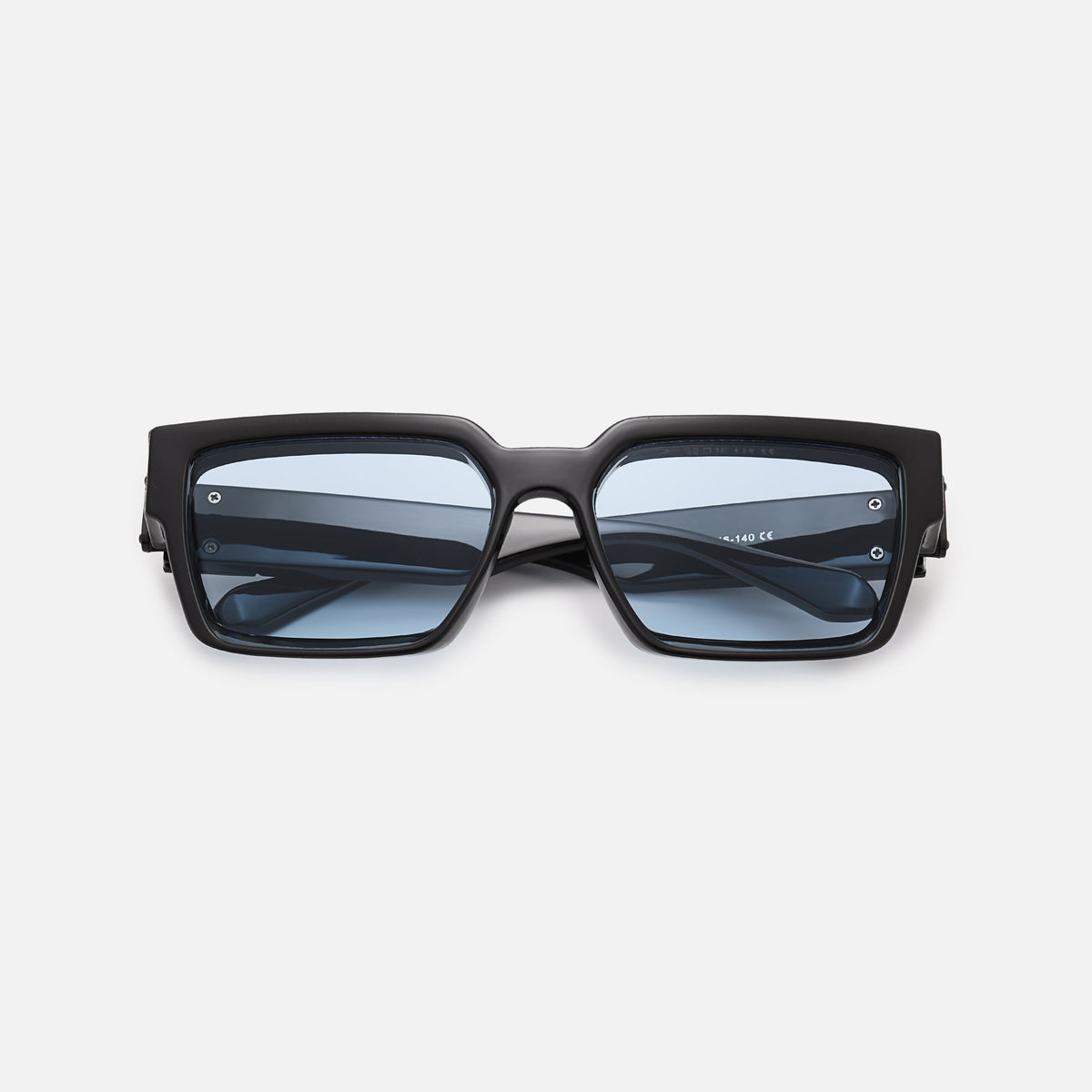 Black square sunglasses with light blue lenses, folded and laid flat, front view. 5