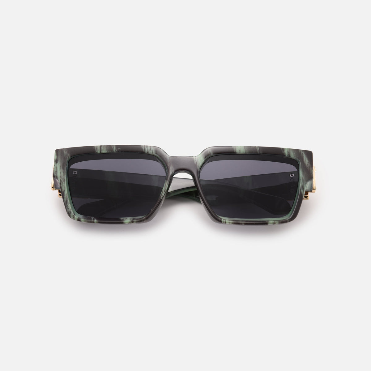 Green and black marbled square sunglasses with dark lenses, folded and laid flat, front view. 15