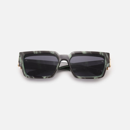 Green and black marbled square sunglasses with dark lenses, folded and laid flat, front view. 15