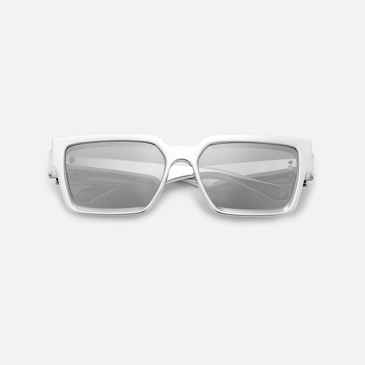 Silver mirrored square sunglasses, folded and laid flat, front view showing the reflective lenses. 12